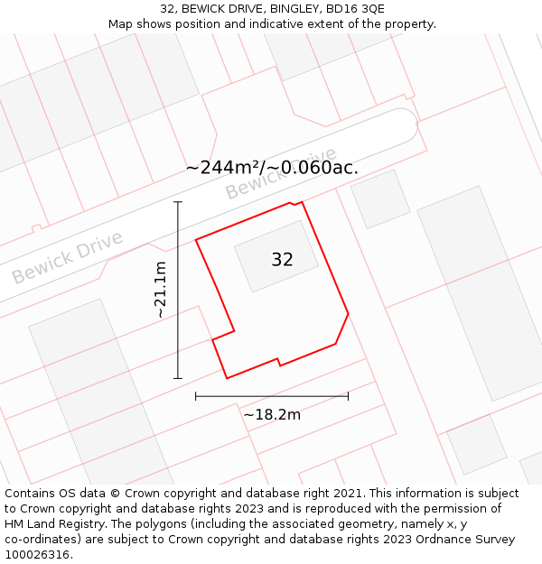 32, BEWICK DRIVE, BINGLEY, BD16 3QE: Plot and title map