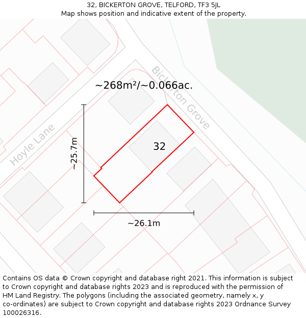 32, BICKERTON GROVE, TELFORD, TF3 5JL: Plot and title map