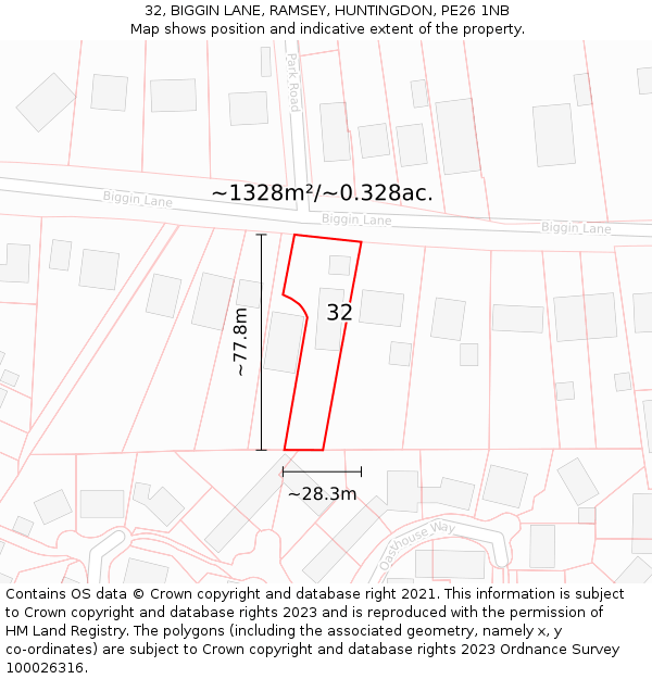 32, BIGGIN LANE, RAMSEY, HUNTINGDON, PE26 1NB: Plot and title map