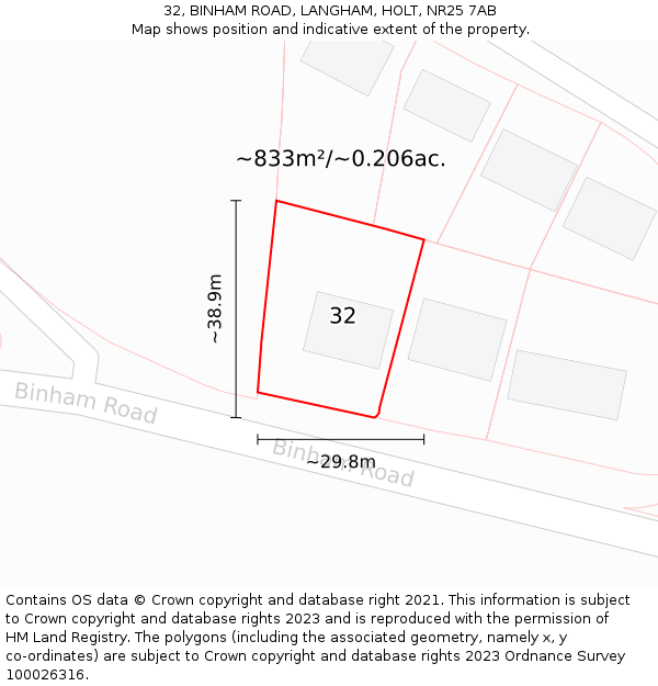 32, BINHAM ROAD, LANGHAM, HOLT, NR25 7AB: Plot and title map