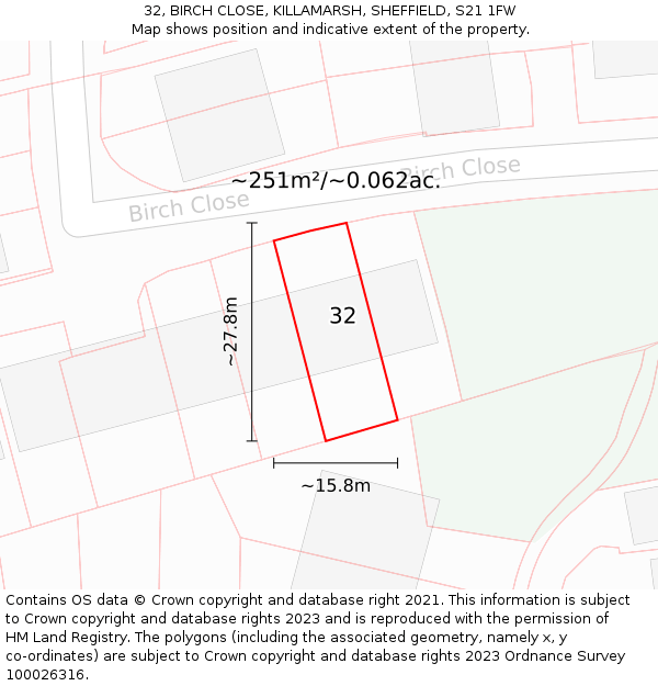 32, BIRCH CLOSE, KILLAMARSH, SHEFFIELD, S21 1FW: Plot and title map