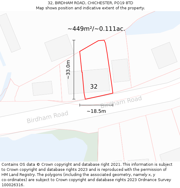 32, BIRDHAM ROAD, CHICHESTER, PO19 8TD: Plot and title map