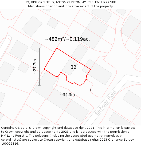 32, BISHOPS FIELD, ASTON CLINTON, AYLESBURY, HP22 5BB: Plot and title map