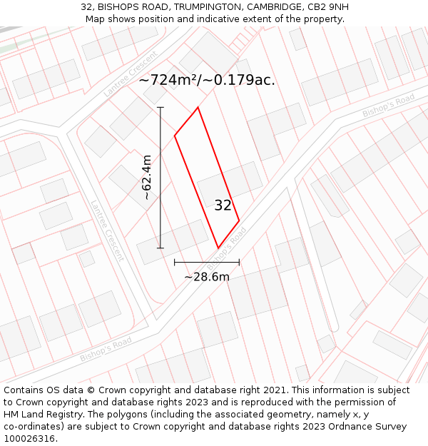 32, BISHOPS ROAD, TRUMPINGTON, CAMBRIDGE, CB2 9NH: Plot and title map