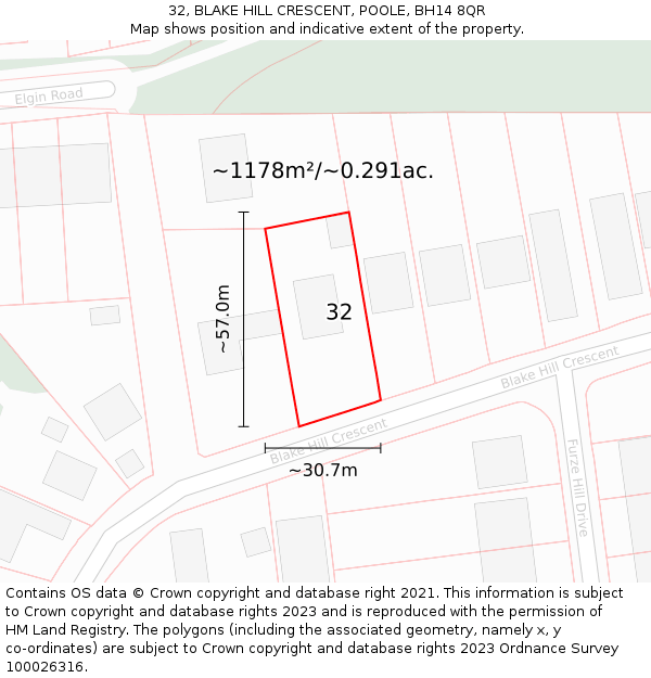 32, BLAKE HILL CRESCENT, POOLE, BH14 8QR: Plot and title map