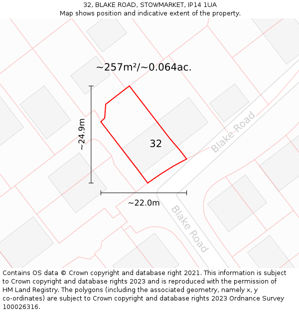 32, BLAKE ROAD, STOWMARKET, IP14 1UA: Plot and title map