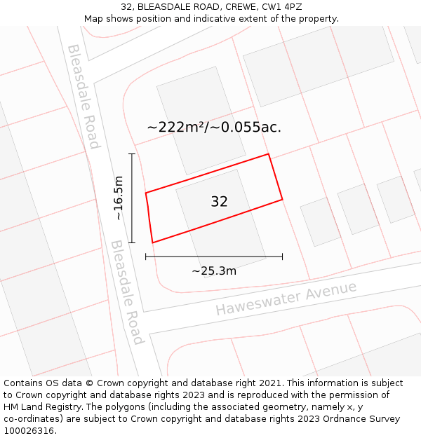 32, BLEASDALE ROAD, CREWE, CW1 4PZ: Plot and title map