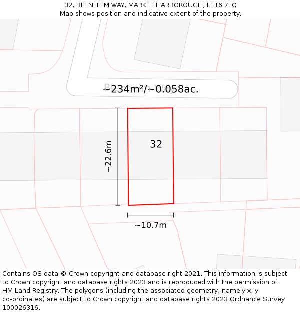 32, BLENHEIM WAY, MARKET HARBOROUGH, LE16 7LQ: Plot and title map