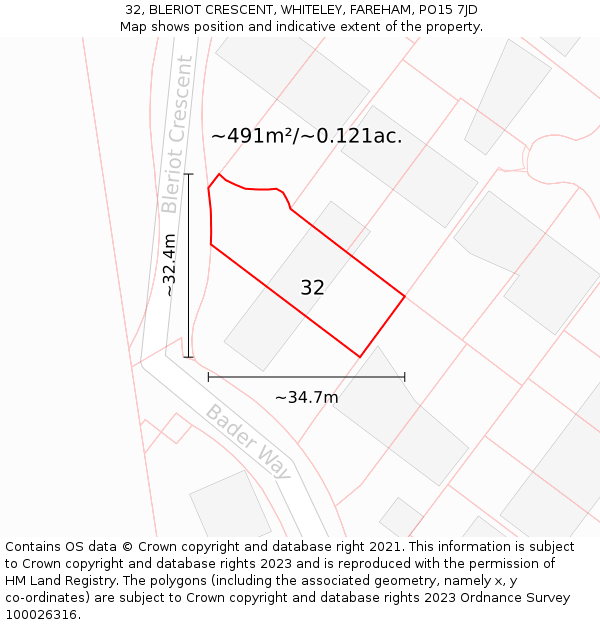 32, BLERIOT CRESCENT, WHITELEY, FAREHAM, PO15 7JD: Plot and title map