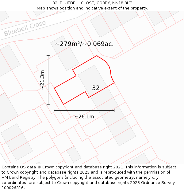 32, BLUEBELL CLOSE, CORBY, NN18 8LZ: Plot and title map