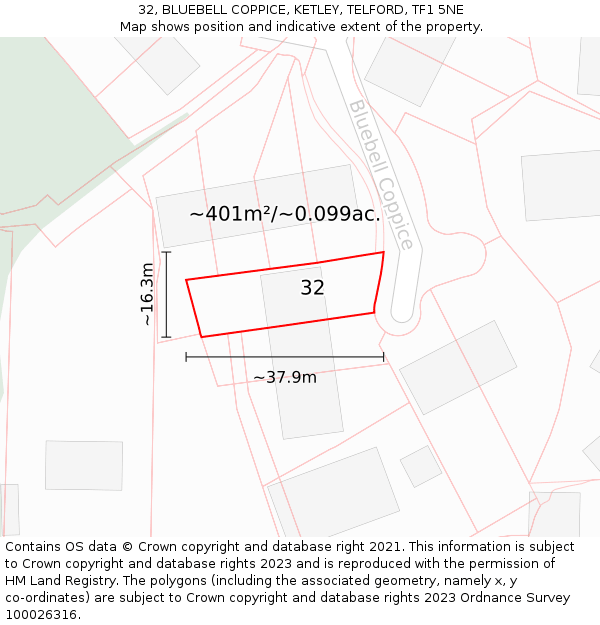 32, BLUEBELL COPPICE, KETLEY, TELFORD, TF1 5NE: Plot and title map