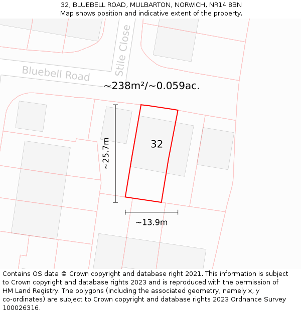 32, BLUEBELL ROAD, MULBARTON, NORWICH, NR14 8BN: Plot and title map