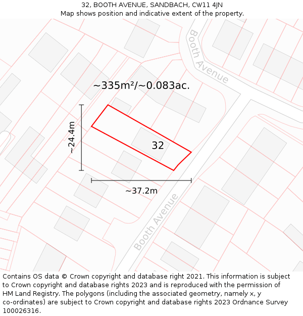 32, BOOTH AVENUE, SANDBACH, CW11 4JN: Plot and title map