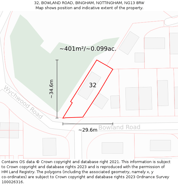 32, BOWLAND ROAD, BINGHAM, NOTTINGHAM, NG13 8RW: Plot and title map