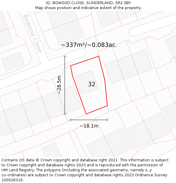 32, BOWOOD CLOSE, SUNDERLAND, SR2 0BY: Plot and title map