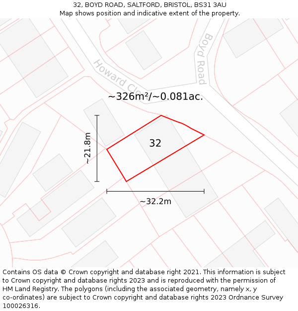 32, BOYD ROAD, SALTFORD, BRISTOL, BS31 3AU: Plot and title map