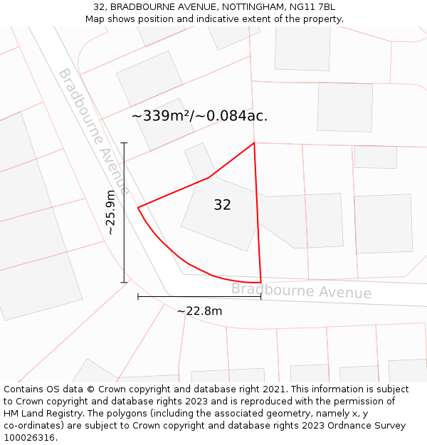 32, BRADBOURNE AVENUE, NOTTINGHAM, NG11 7BL: Plot and title map