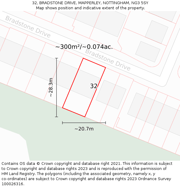 32, BRADSTONE DRIVE, MAPPERLEY, NOTTINGHAM, NG3 5SY: Plot and title map