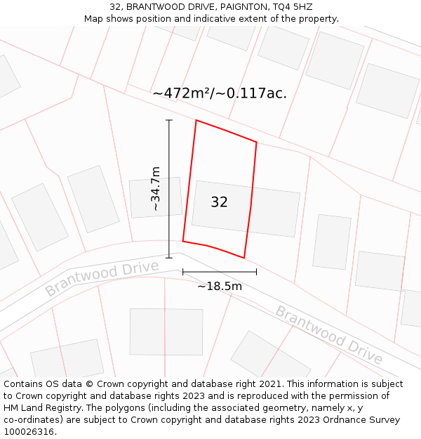 32, BRANTWOOD DRIVE, PAIGNTON, TQ4 5HZ: Plot and title map