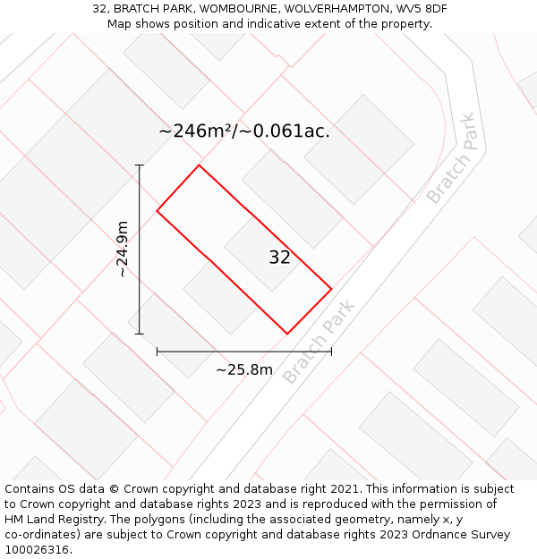 32, BRATCH PARK, WOMBOURNE, WOLVERHAMPTON, WV5 8DF: Plot and title map