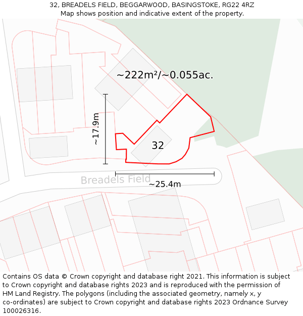 32, BREADELS FIELD, BEGGARWOOD, BASINGSTOKE, RG22 4RZ: Plot and title map