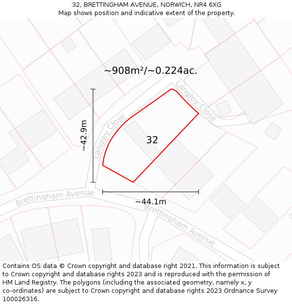 32, BRETTINGHAM AVENUE, NORWICH, NR4 6XG: Plot and title map