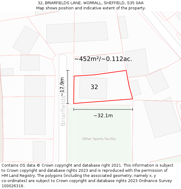 32, BRIARFIELDS LANE, WORRALL, SHEFFIELD, S35 0AA: Plot and title map