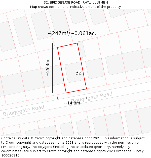 32, BRIDGEGATE ROAD, RHYL, LL18 4BN: Plot and title map