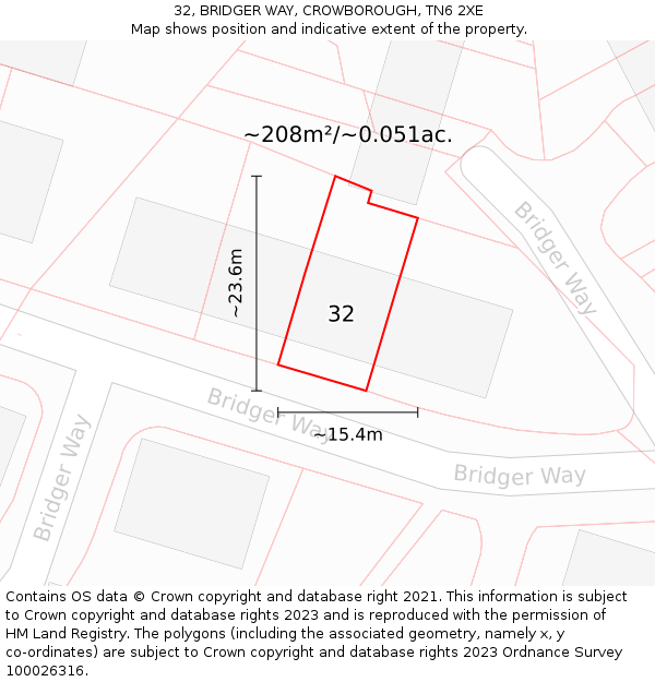 32, BRIDGER WAY, CROWBOROUGH, TN6 2XE: Plot and title map