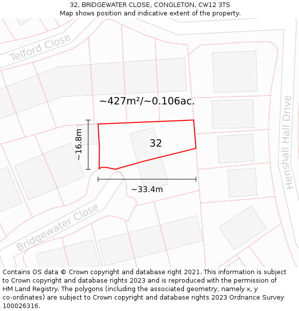 32, BRIDGEWATER CLOSE, CONGLETON, CW12 3TS: Plot and title map