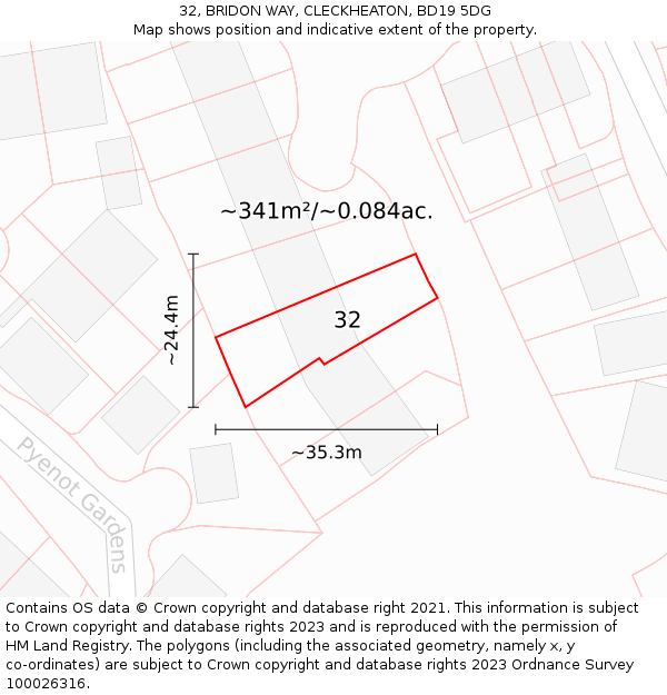 32, BRIDON WAY, CLECKHEATON, BD19 5DG: Plot and title map