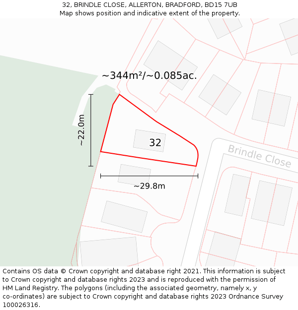 32, BRINDLE CLOSE, ALLERTON, BRADFORD, BD15 7UB: Plot and title map