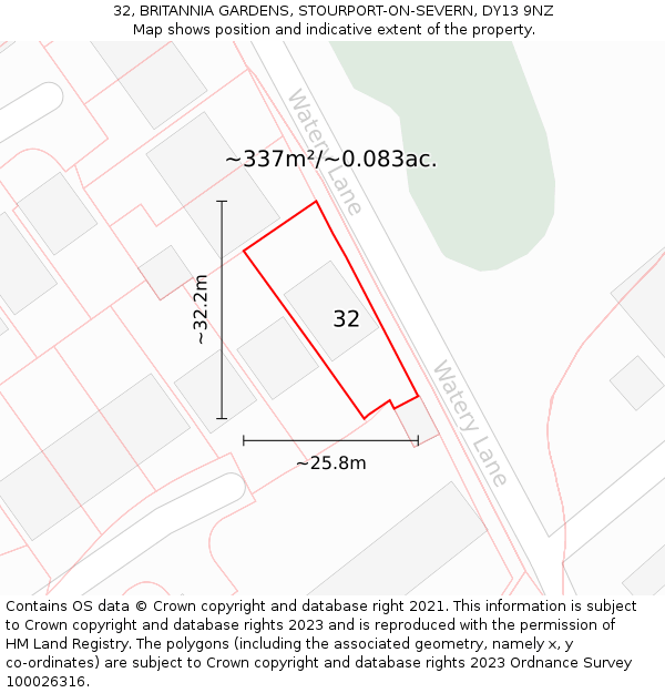 32, BRITANNIA GARDENS, STOURPORT-ON-SEVERN, DY13 9NZ: Plot and title map