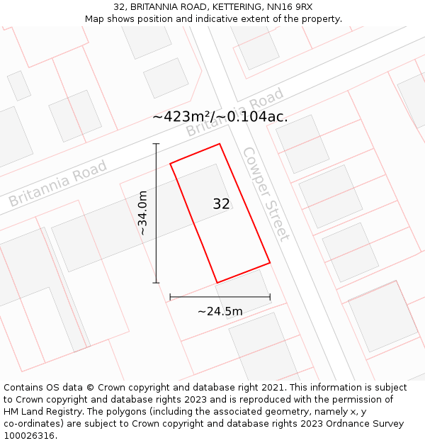 32, BRITANNIA ROAD, KETTERING, NN16 9RX: Plot and title map