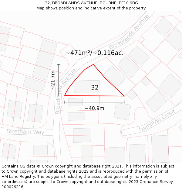 32, BROADLANDS AVENUE, BOURNE, PE10 9BG: Plot and title map