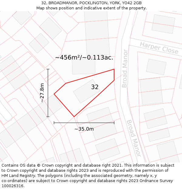 32, BROADMANOR, POCKLINGTON, YORK, YO42 2GB: Plot and title map