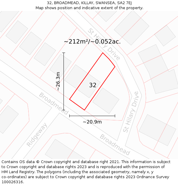 32, BROADMEAD, KILLAY, SWANSEA, SA2 7EJ: Plot and title map