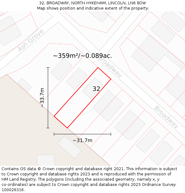 32, BROADWAY, NORTH HYKEHAM, LINCOLN, LN6 8DW: Plot and title map