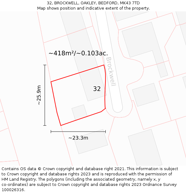 32, BROCKWELL, OAKLEY, BEDFORD, MK43 7TD: Plot and title map