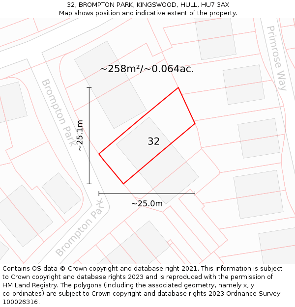 32, BROMPTON PARK, KINGSWOOD, HULL, HU7 3AX: Plot and title map