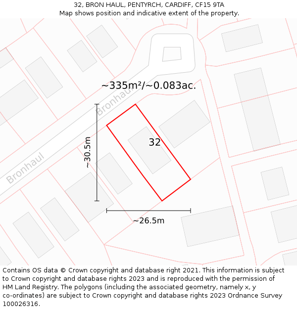 32, BRON HAUL, PENTYRCH, CARDIFF, CF15 9TA: Plot and title map