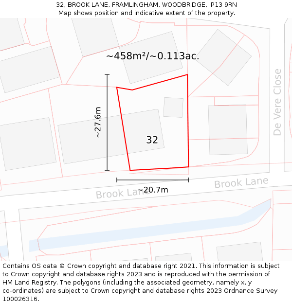 32, BROOK LANE, FRAMLINGHAM, WOODBRIDGE, IP13 9RN: Plot and title map
