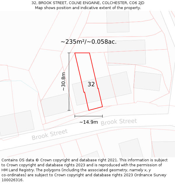 32, BROOK STREET, COLNE ENGAINE, COLCHESTER, CO6 2JD: Plot and title map