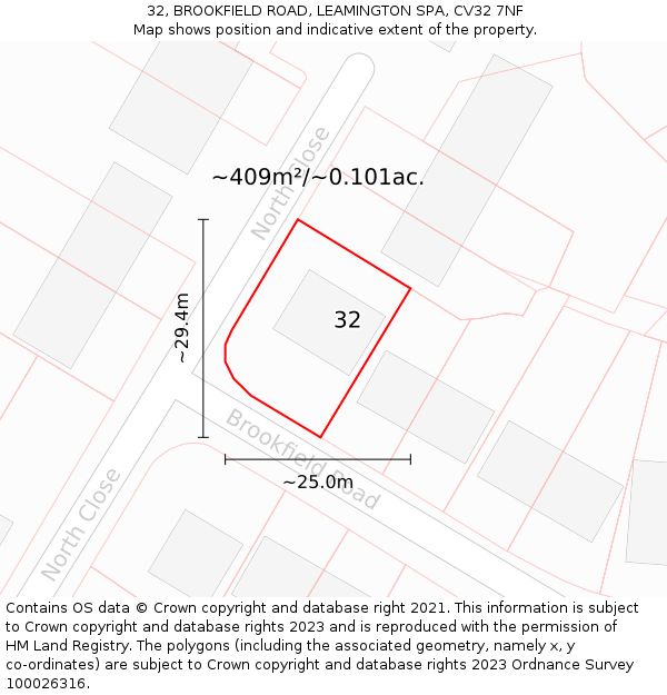 32, BROOKFIELD ROAD, LEAMINGTON SPA, CV32 7NF: Plot and title map