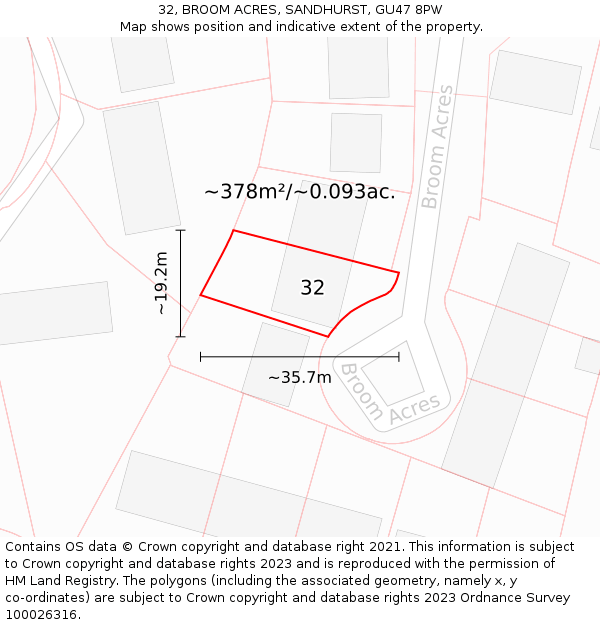 32, BROOM ACRES, SANDHURST, GU47 8PW: Plot and title map