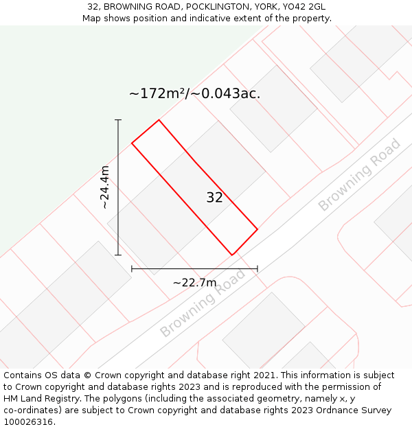 32, BROWNING ROAD, POCKLINGTON, YORK, YO42 2GL: Plot and title map