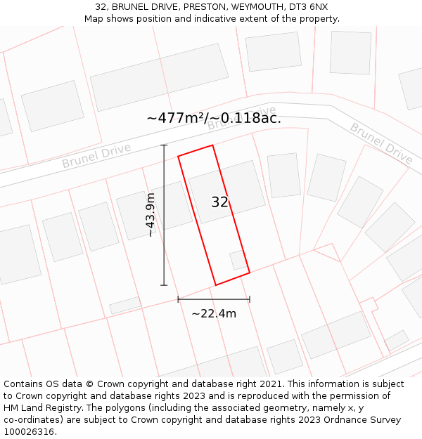 32, BRUNEL DRIVE, PRESTON, WEYMOUTH, DT3 6NX: Plot and title map