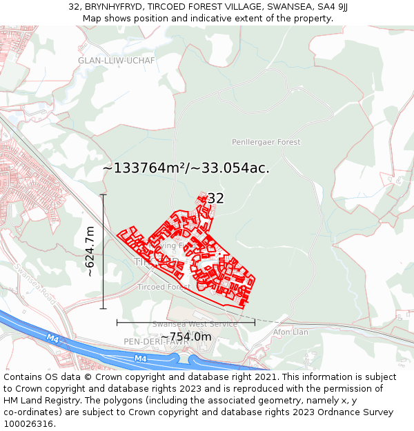 32, BRYNHYFRYD, TIRCOED FOREST VILLAGE, SWANSEA, SA4 9JJ: Plot and title map