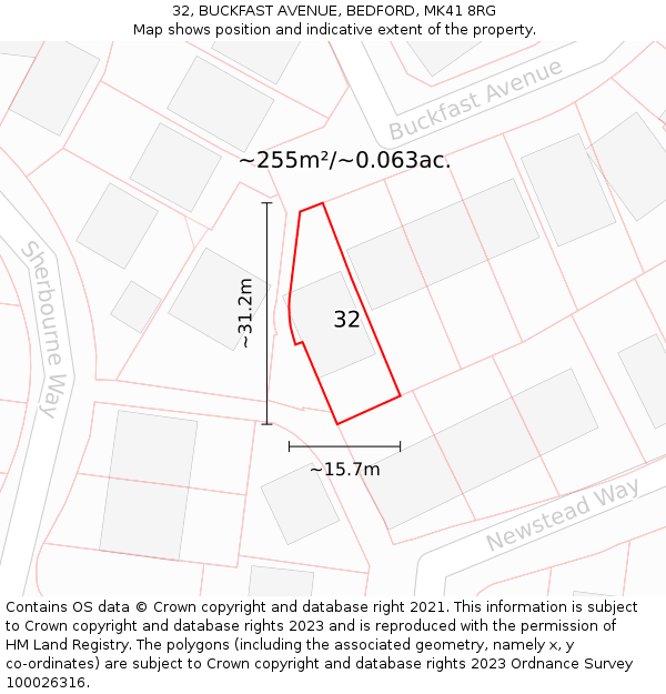 32, BUCKFAST AVENUE, BEDFORD, MK41 8RG: Plot and title map