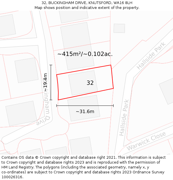32, BUCKINGHAM DRIVE, KNUTSFORD, WA16 8LH: Plot and title map